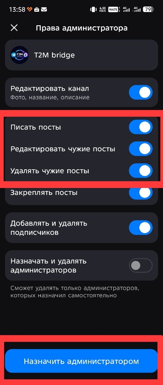 Экран прав администратора в MAX для бота T2M Bridge с нужными разрешениями